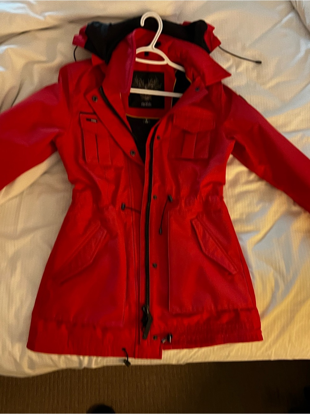 Women's Red Hooded Utility Jacket with Drawstring Waist